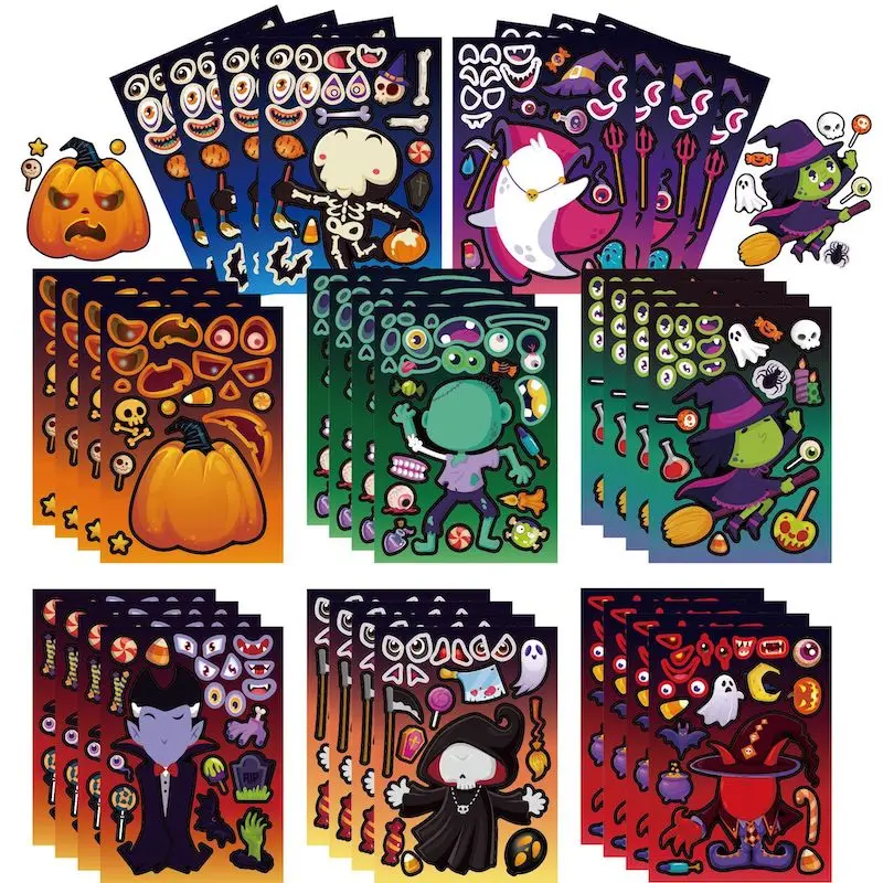 6-24Sheets Copii Autocolante Creative de a Face Propriile Fantoma Vrăjitoarei Mama Autocolante Halloween Puzzle Meserii, Jucarii de Petrecere pentru Copii