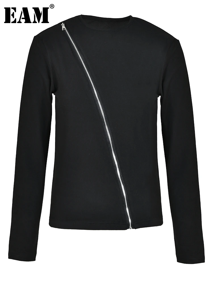[MEM] Femei Negru Asimetric cu Fermoar de Dimensiuni Mari Casual T-shirt Noi Gât Rotund Maneca Lunga Mareea Moda Primavara Toamna anului 2024 1DH1487
