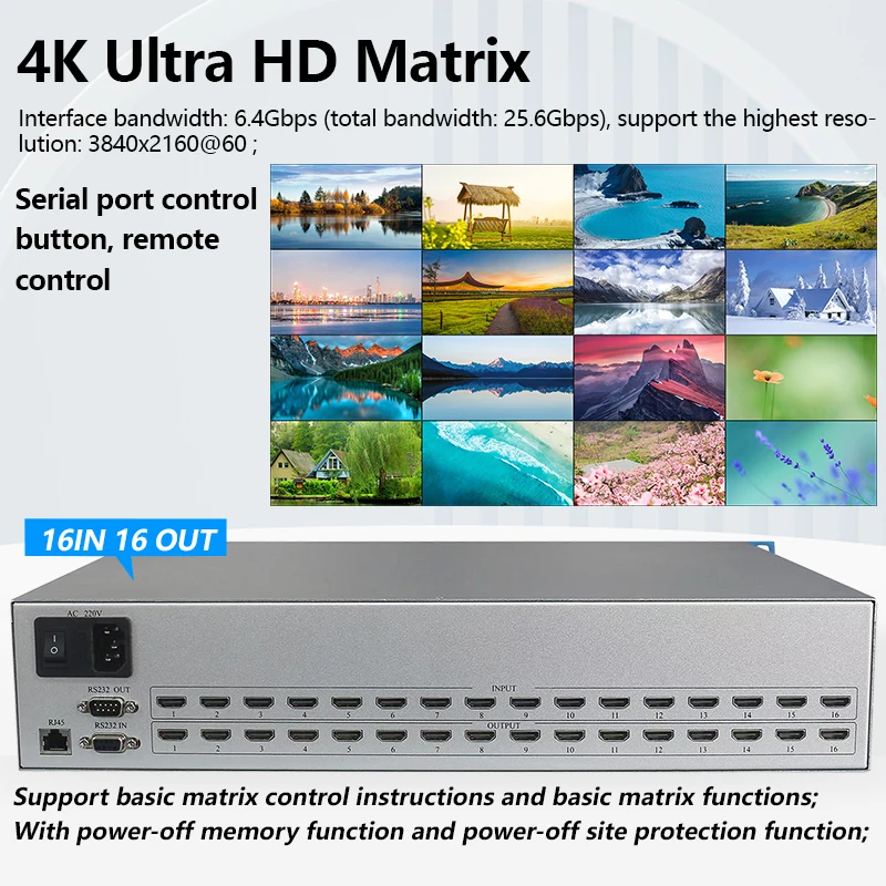 Matrix Switch HDMI 16x16 4K 60Hz HDCP2.2 Profesional Rack Splitter 16 în 16 cu HDMI Audio-Video Comutator